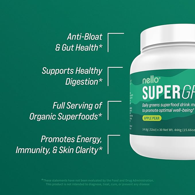 Nello Supergreens - Premium Superfood Greens Drink Mix with Chlorella, Moringa, Spinach, & Broccoli + Digestive Enzymes - Nutrient-Packed Greens Powder Superfood for Wellness(30 SRV)