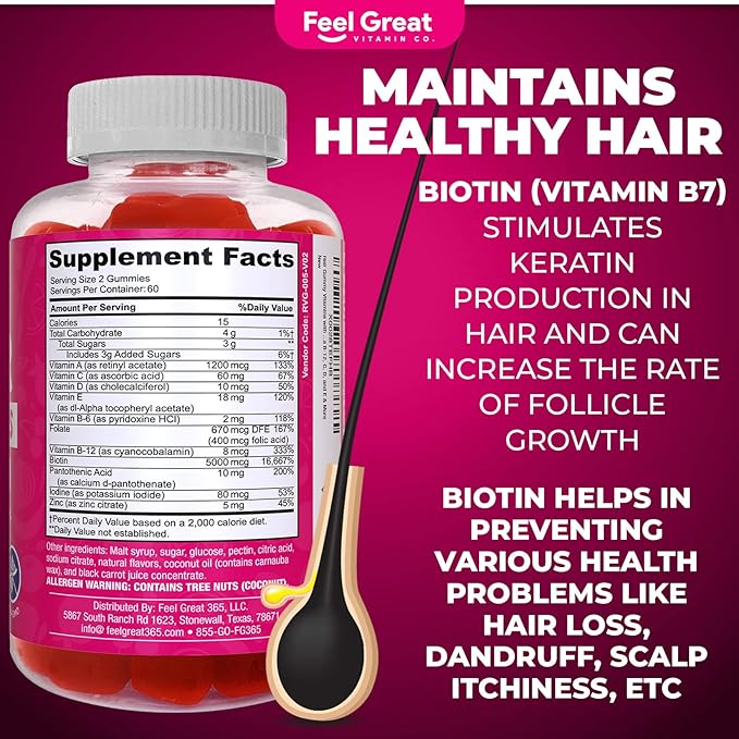 Hair Gummy Vitamins with Biotin 5000 mcg Vitamin A, D, E & C to Support Hair Growth & Healthy Hair That is Longer, Stronger & Beautiful | Biotin Gummies | Pectin-Based Hair Growth Supplement