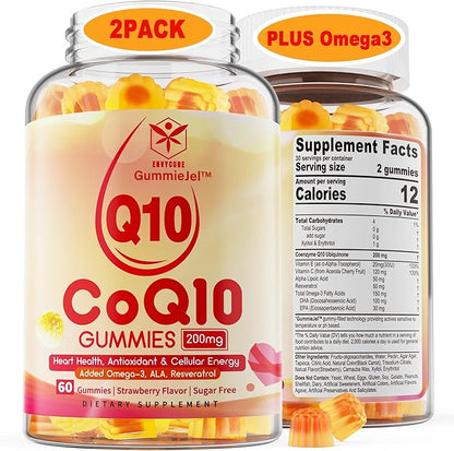 Sugar Free CoQ10 Filled Gummies 200mg, 5X Better Absorption CoQ10 w/Resveratrol, Alpha Lipoic Acid, Omega-3, Vitamin E, C, Coenzyme Q10 for Cellular Energy, Heart, Brain, and Antioxidant Support,2Pack