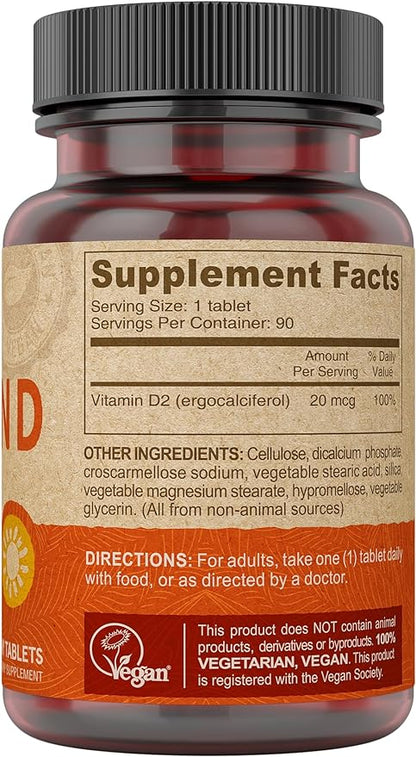 DEVA Vegan Vitamin D2 800 IU, Ergocalciferol Supplement with No Animal Ingredients, 90 Tablets, 1-Pack