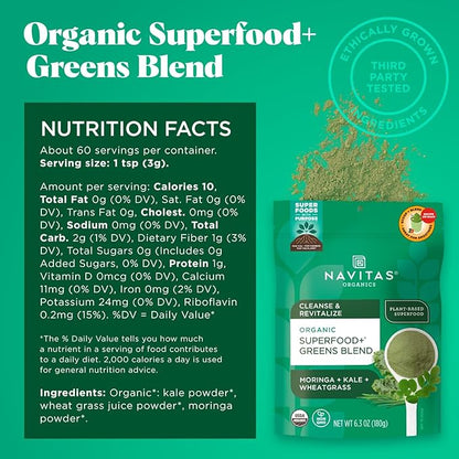 Navitas Organics Superfood+ Greens Blend for Detox Support (Moringa + Kale + Wheatgrass), 6.3oz Bag, 30 Servings — Organic, Non-GMO, Vegan, Gluten-Free, Keto & Paleo.