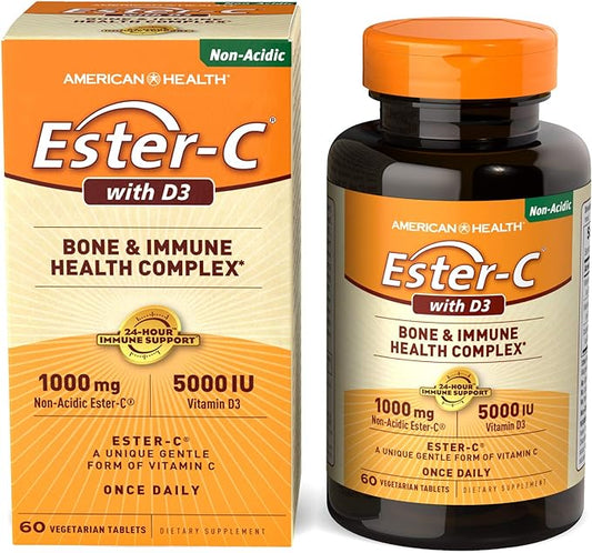 American Health EsterC with D3 Bone Immune Complex Vegetarian Tablets 24Hour Immune Support 1000 mg EsterC 5000 IU Vitamin D3 NonAcidic Vitamin C Servings, 60 Count