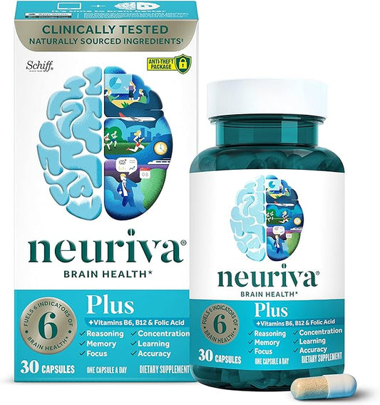 NEURIVA Plus Brain Supplement for Memory and Focus Clinically Tested Nootropics for Concentration for Mental Clarity, Cognitive Enhancement Vitamins B6, B12, Phosphatidylserine 30 Capsules