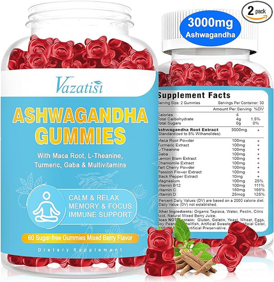 2 Pack Sugar Free Ashwagandha Gummies with Maca Root Turmeric GABA Mood Energy & Immune Support, Mixed Berry Flavor 60 Ct