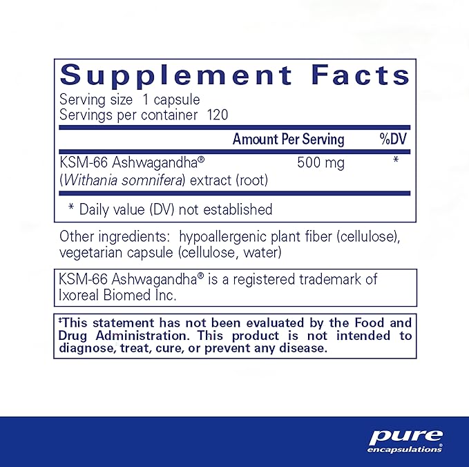 Pure Encapsulations Ashwagandha - 500 mg Ashwagandha Extract - Metabolism & Stress Support - Immune Support - GMO Free & Vegan - 120 Capsules