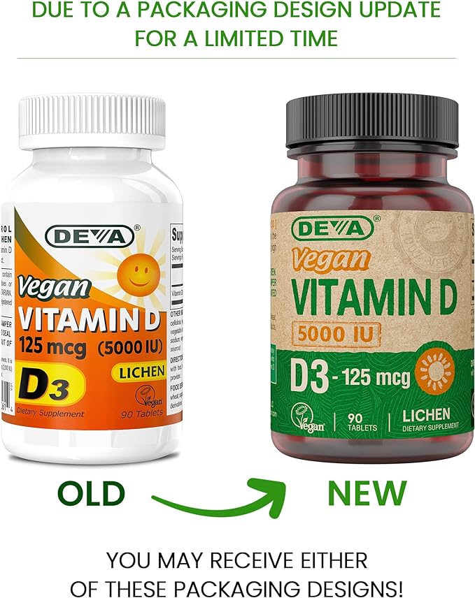 DEVA Vitamin D3 5000 IU, Sunshine Supplement, 125 mcg of Vegan D3, 90-Count Bottle (Pack of 2)