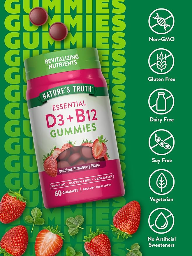 Nature's Truth Vitamin D3 and B12 Gummies | 60 Count | Strawberry Flavor | Vegetarian, Non-GMO & Gluten Free Supplement