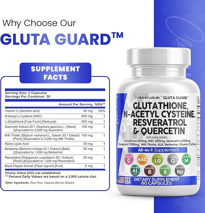 Clean Nutraceuticals Glutathione 500mg Supplement with Vitamin C N Acetyl Cysteine 600mg Berberine 1000mg Resveratrol Quercetin Alpha Lipoic Acid - Reduced L Glutathion Free Form Women 60 Ct USA Made