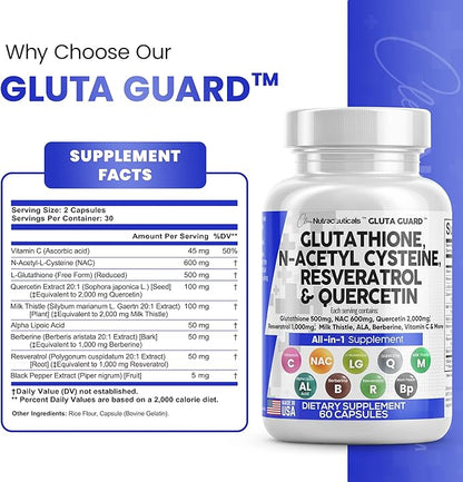 Clean Nutraceuticals Glutathione 500mg Supplement with Vitamin C N Acetyl Cysteine 600mg Berberine 1000mg Resveratrol Quercetin Alpha Lipoic Acid - Reduced L Glutathion Free Form Women 60 Ct USA Made