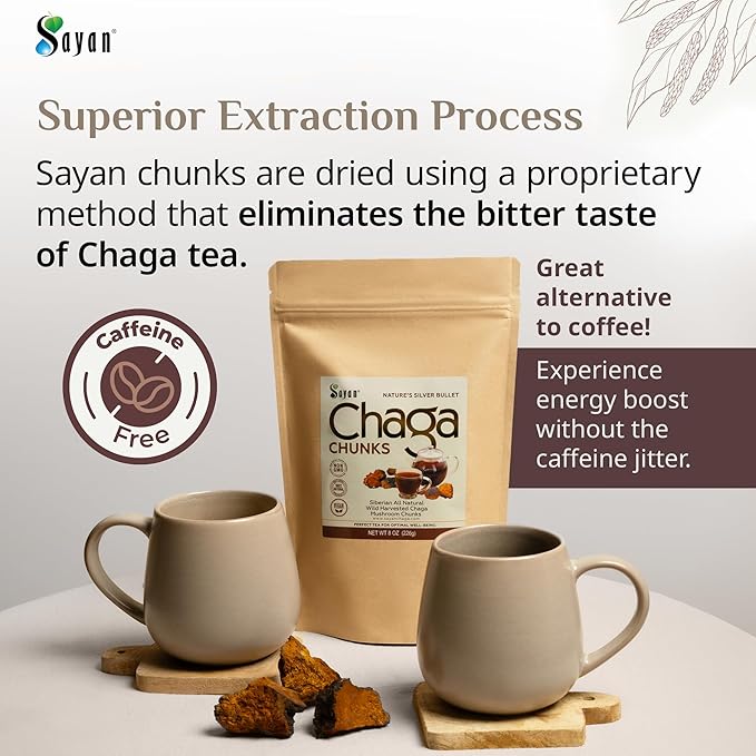 Sayan Siberian Pure Raw Chaga Mushroom Chunks with Black Top Crust 8 Oz / 227 g – Premium Wild Forest Harvested Super Antioxidant Tea, Supports Immune System and Digestive Health