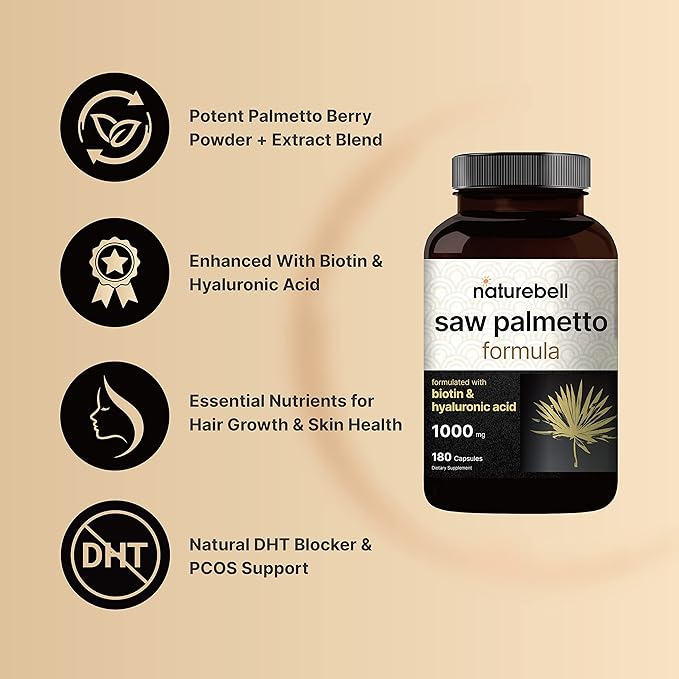 NatureBell Saw Palmetto Supplement 1000mg | 180 Capsules, with Hyaluronic Acid 50mg & Biotin 10,000mcg - Supports Hair Growth & Skin Health for Women and Men, Combats Frequent Bathroom Trips