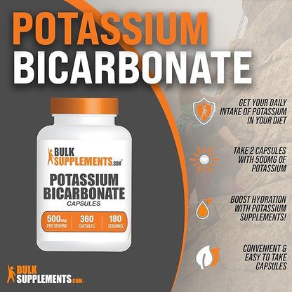 BulkSupplements.com Potassium Bicarbonate Capsules - Potassium Supplement, Potassium Bicarbonate Food Grade, Potassium 500mg - 2 Potassium Capsules per Serving, 180-Day Supply, 360 Capsules