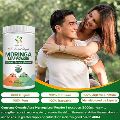 Certified Organic Moringa Leaf Powder-1Lb. USDA Certified Organic. 100% Pure and Original. Naturally boosts Energy, Metabolism & Immunity. Raw Green Whole Superfood. No GMO, Gluten Free