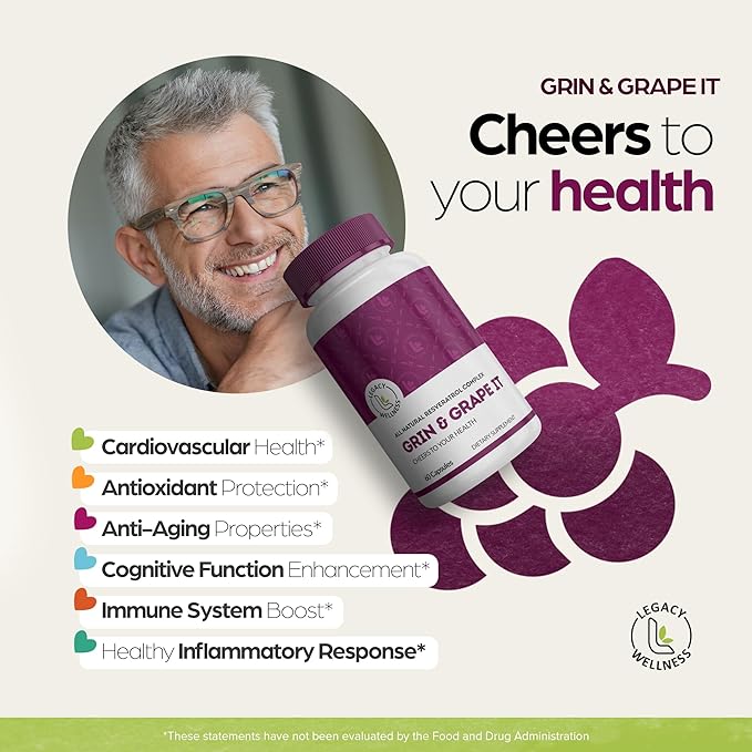 Legacy Wellness GRIN & Grape IT Resveratrol Supplement - Supports Healthy Aging, Skin, Immune, Digestive & Cardiovascular Systems, Brain, Joint Health - 600mg Trans-resveratrol Grape Extract Capsules