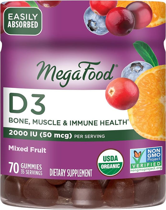 MegaFood Vitamin D3 Gummies 2000 IU (50 mcg) - Vitamin D Gummies Mixed Fruit Flavor, Bone, Muscle & Immune Support Supplement, Vegetarian, Gluten-Free, USDA Organic – 70 Gummies, 35 Servings