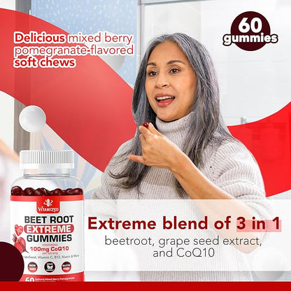 Extreme Beetroot Formula & COQ10 100mg with Grape Seed Extract, for Circulation Energy & Flow, 1500mg Beet Root Gummies Extract Gluten Free 60