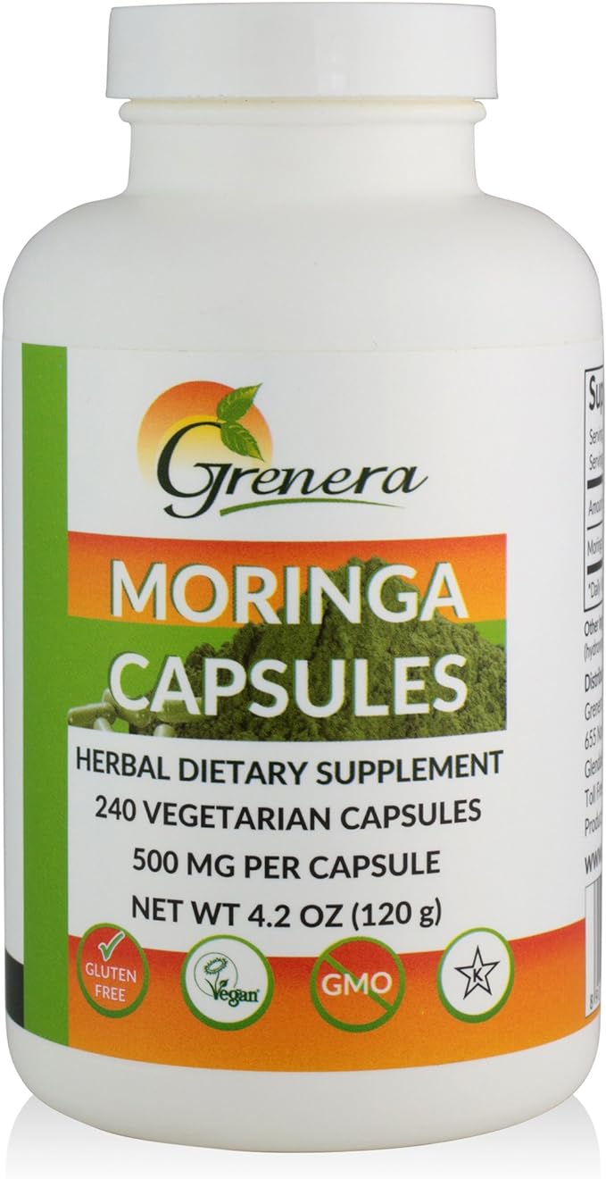 Grenera Pure Moringa Leaf Capsules | Green Super Food Supplement | Made with Organic Grown Moringa Leaf Powder, Malunggay Leaf Powder (240 Capsules)