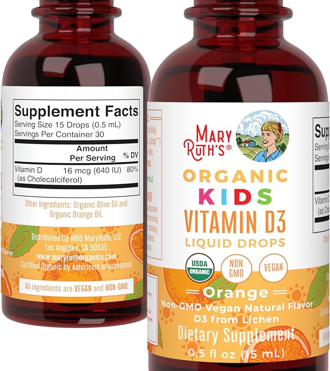 USDA Organic Vitamin D3 Liquid Drops for Kids by MaryRuth's | 640 IU Vitamin D3 Per Serving | Kids Immune Support & Bone Health Supplement | Formulated for Ages 4-13 | 0.5oz | 30 Servings