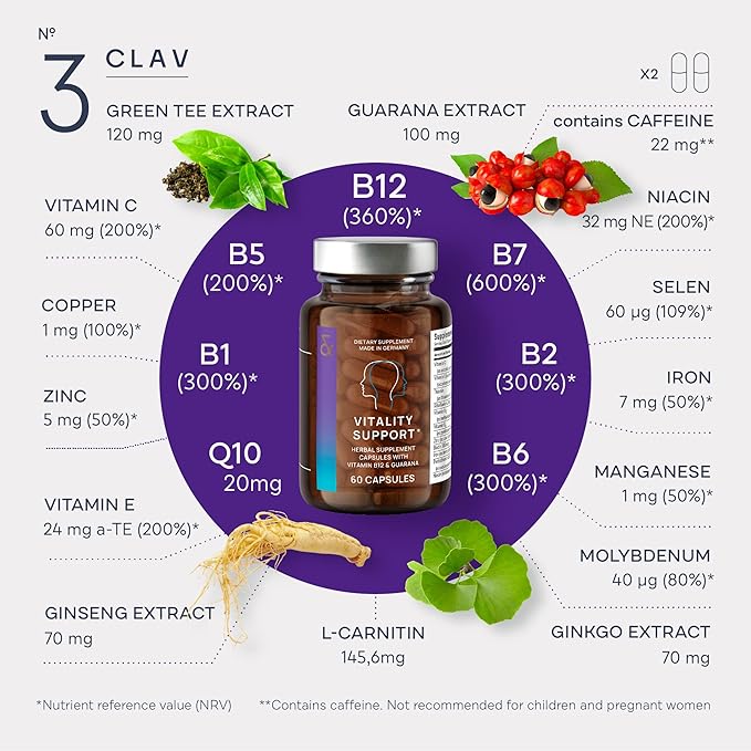 CLAV® N°3 Vitality Support - Vegan Multivitamin - Energy & Focus Supplement - Vitamin B Complex - Guarana, Ginseng, Ginkgo Extract - 60 Capsules - 1 Month