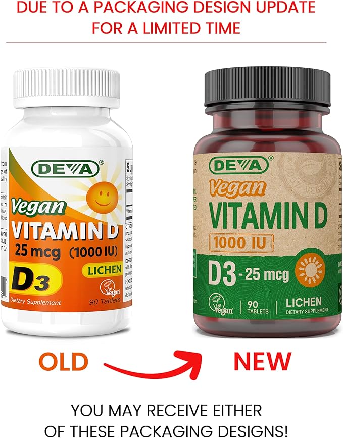 DEVA Vegan Vitamin D3 Supplement - Once-Per-Day Tablet with 1000 IU - Cholecalciferol - Lichen Plant Derived - 90 Small Tablets