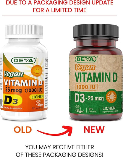 DEVA Vegan Vitamin D3 Supplement - Once-Per-Day Tablet with 1000 IU - Cholecalciferol - Lichen Plant Derived - 90 Small Tablets