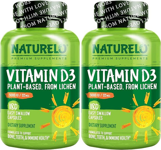 NATURELO Vitamin D - 5000 IU - Plant Based from Lichen - Natural D3 Supplement for Immune System, Bone Support, Joint Health - Vegan - Non-GMO - 180 Mini Capsules (Pack of 2)