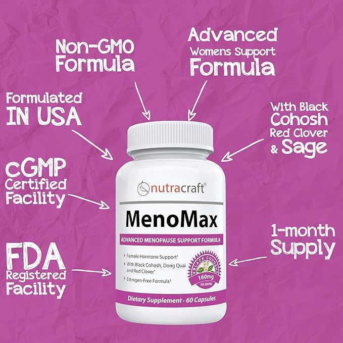 MenoMax #1 Menopause Relief Supplement | Black Cohosh, Dong Quai, Vitex Agnus, Red Clover, Sage, Soy and Wild Yam | Natural Support for Hot Flashes, Night Sweats, Dryness and Mood Swings | 60 Capsules