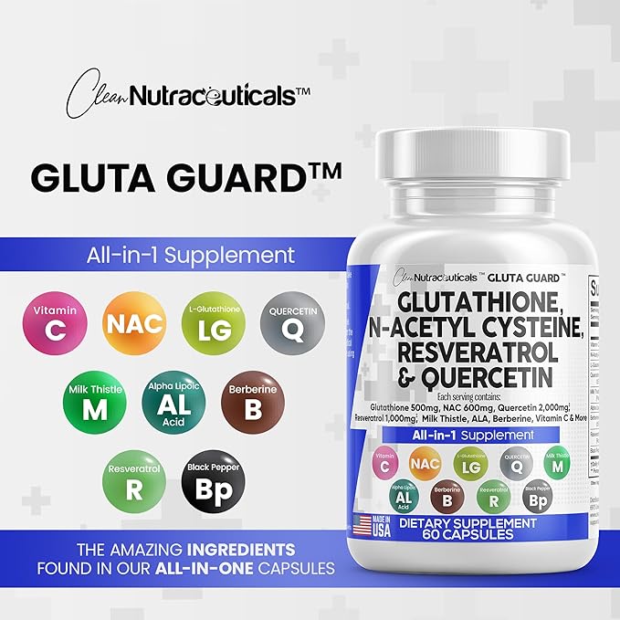 Clean Nutraceuticals Glutathione 500mg Supplement with Vitamin C N Acetyl Cysteine 600mg Berberine 1000mg Resveratrol Quercetin Alpha Lipoic Acid - Reduced L Glutathion Free Form Women 60 Ct USA Made