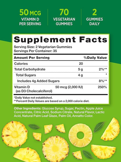 Nature's Truth Vitamin D3 Gummies | 2000 IU | 70 Count | Pineapple Flavor | Vegetarian, Non-GMO and Gluten Free Supplement