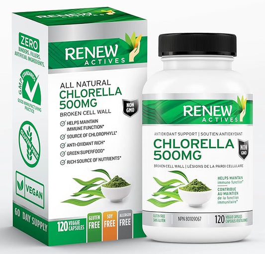 Renew Actives Chlorella Supplements - Source of Antioxidant - Promotes Health & Overall Wellness - 120 Veggie Capsules