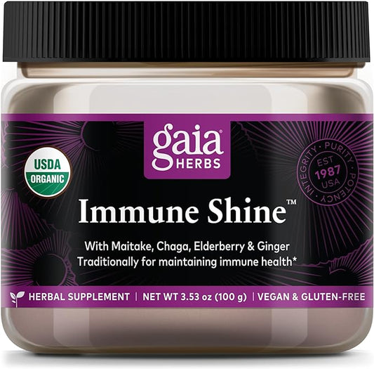 Gaia Herbs Immune Shine Herbal Supplement - Immune Support Powder Drink Mix - with Maitake Mushroom, Chaga, Elderberry, Ginger & Astragalus - USDA Certified Organic - 3.53 Oz (48-Day Supply)