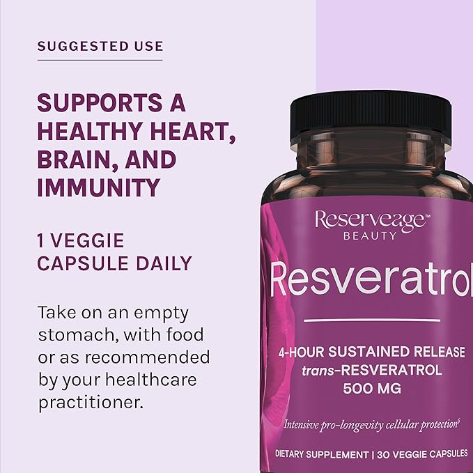 Reserveage Beauty, Resveratrol 500 mg, Antioxidant Supplement for Heart and Cellular Health, Supports Healthy Aging and Immune System, Paleo, Keto, 30 Capsules