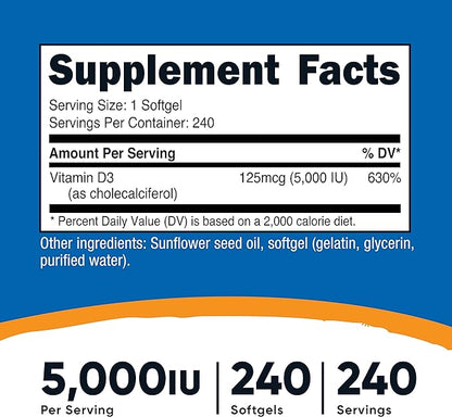 Nutricost Vitamin D3 5,000 IU, 240 Softgels (3 Bottles)