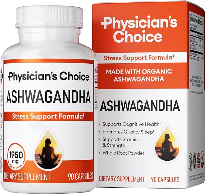 Physician's CHOICE Ashwagandha Supplement - 1950mg of Bioavailable Organic Ashwagandha Root Powder - Black Pepper Extract, Stress Support, Mood Support Supplement, 90 Veggie Ashwagandha Capsules