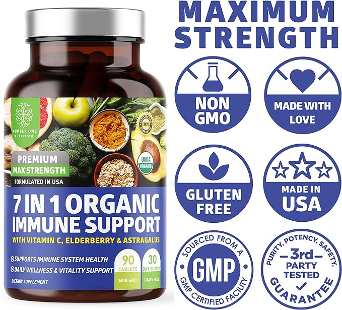 N1N Premium 7 in 1 Immune Support Supplement [100% USDA Organic] Daily Immune Boost with Vitamin C, Elderberry, Moringa Leaf, Oregano and Garlic for Immunity and Inflammatory Response, 90 Tablets