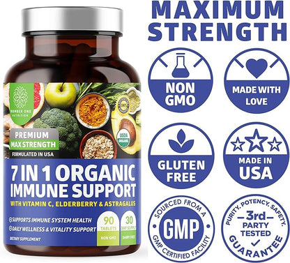 N1N Premium 7 in 1 Immune Support Supplement [100% USDA Organic] Daily Immune Boost with Vitamin C, Elderberry, Moringa Leaf, Oregano and Garlic for Immunity and Inflammatory Response, 90 Tablets