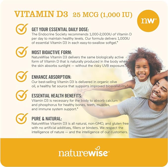 NatureWise Vitamin D3 1000iu (25 mcg) Healthy Muscle Function, and Immune Support, Non-GMO, Gluten Free in Cold-Pressed Olive Oil, Packaging Vary (Mini Softgel), 200 Count