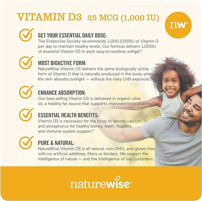 NatureWise Vitamin D3 1000iu (25 mcg) Healthy Muscle Function, and Immune Support, Non-GMO, Gluten Free in Cold-Pressed Olive Oil, Packaging Vary (Mini Softgel), 90 Count