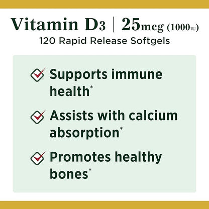 Nature's Bounty Vitamin D3 1000 100 mg Soft Gels, 120 Count