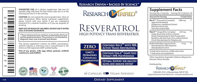 Research Verified Resveratrol - 98% Trans-Resveratrol 1000 mg, Anti-Aging Support - 1 Bottle - 60 Capsules