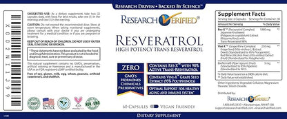 Research Verified Resveratrol - 98% Trans-Resveratrol 1000 mg, Anti-Aging Support - 1 Bottle - 60 Capsules