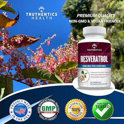 Resveratrol Supplement 1200mg - Japanese Knotweed Resveratrol Capsules - High Potency Trans Resveratrol Nutritional Supplements for Healthy Aging & Immune Health - 60 Vegan Capsules