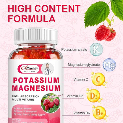 2 Pack Potassium Magnesium Supplement Gummies | Potassium Citrate 200mg + Magnesium Glycinate 500mg Complex with High Absorption Vitamin B6, D3, C for Bone & Muscle Relaxation,Mood & Energy Support.