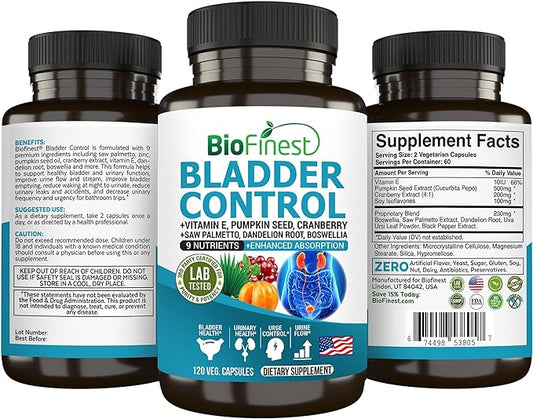 Bladder Control Supplement for Men & Women - 120 Veg. Capsules - Saw Palmetto, Cranberry, Pumpkin Seed, Vitamin E, Boswellia, Dandelion Root - Urinary Tract Bladder Health - Made in USA