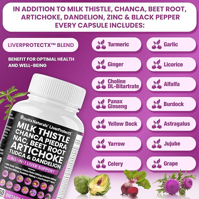 Milk Thistle 3000mg NAC Chanca Piedra 2000mg Beet Root 3000mg Artichoke 2000mg Dandelion 1000mg - Liver Health Support, Cleanse Detox & Repair Supplement Plus TUDCA Choline and Ginger Vegan Caps USA