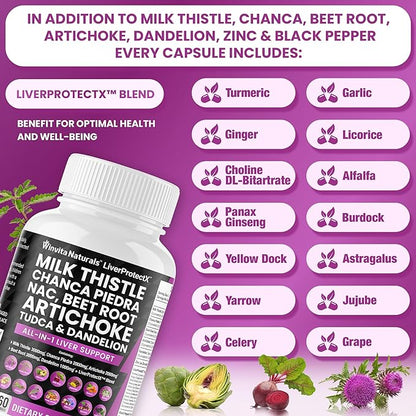 Milk Thistle 3000mg NAC Chanca Piedra 2000mg Beet Root 3000mg Artichoke 2000mg Dandelion 1000mg - Liver Health Support, Cleanse Detox & Repair Supplement Plus TUDCA Choline and Ginger Vegan Caps USA