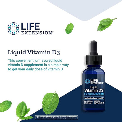 Life Extension Liquid Vitamin D3 50mcg(2000IU) - Vitamin D Supplement Unflavored Drops for Immune Support, Bone and Heart Health – Gluten-Free, Non-GMO – Net 1 fl. Oz. (29.57mL) - 850 Servings