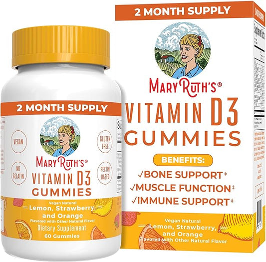 MaryRuth Organics Vitamin D3 Gummies, 2 Month Supply, Adults & Kids Gummies, Immune Support Supplement, Vitamin D3 1000IU for Bone Health & Muscle Function, Vegan, Non-GMO, Gluten Free, 60 Count