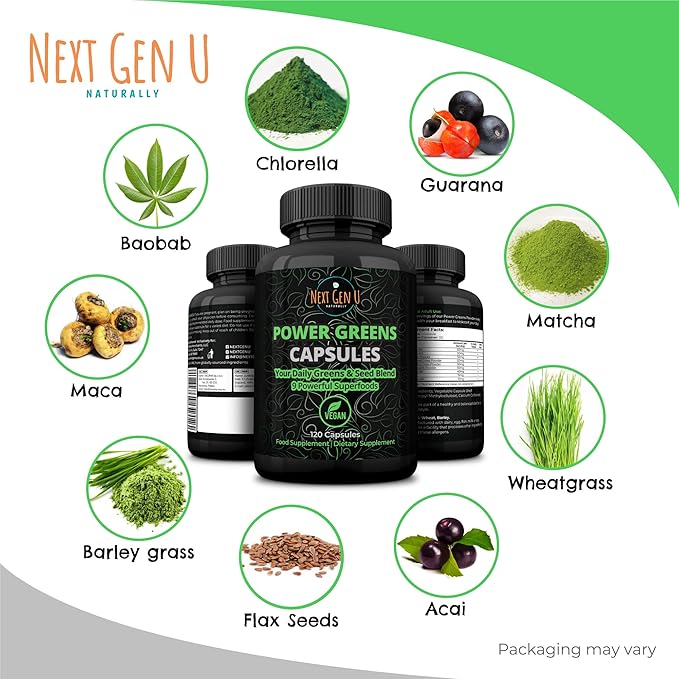 NGU Super Greens Immune System Support 500 mg 120 Vegan Capsules Contains Mixed Superfoods for Daily Booster Healthy Keto Blend w/Acai, Wheatgrass, Guarana, Chlorella, Flaxseed, Matcha, Maca