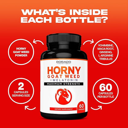 Horny Goat Weed For Men and Women + Melatonin - [Night Formula Max Strength] Stamina, Endurance, Circulation, Joint Support - Maca Root, Ginseng, Yohimbine, Tribulus, L-Arginine - USA Made - 60 Count